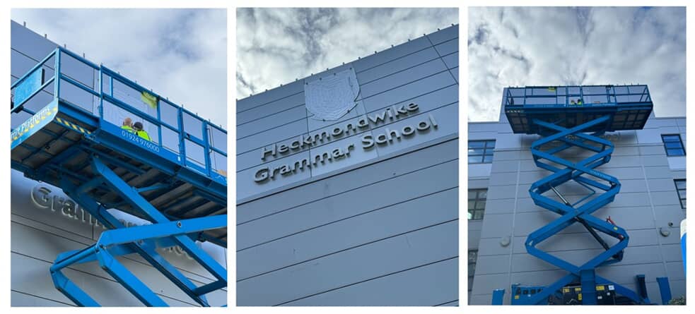 A collage of the logo installation on the exterior of the building.